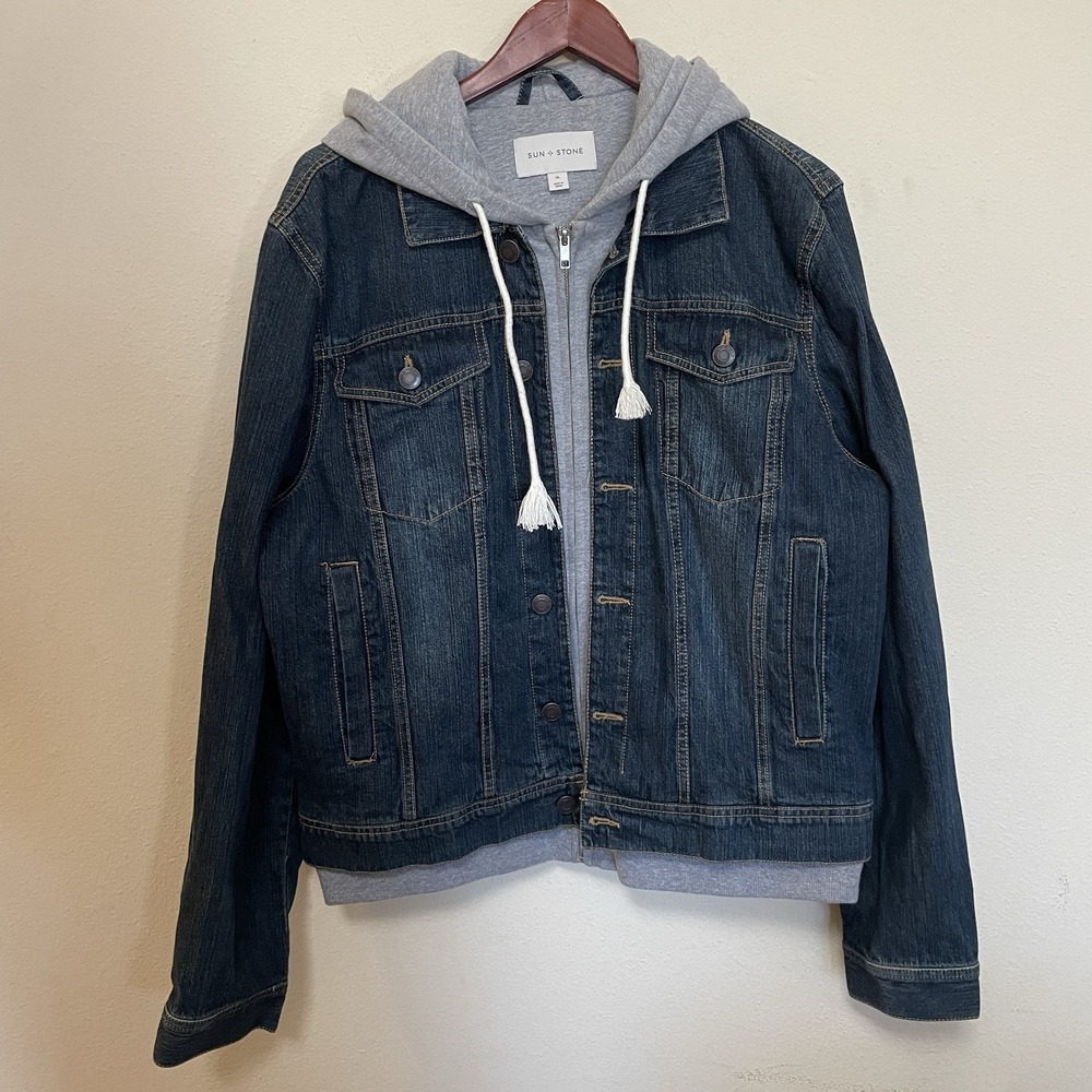 Sun+Stone Men's Reeves Trucker Hooded Denim Jean Jacket AR8 Dark Wash Size XL